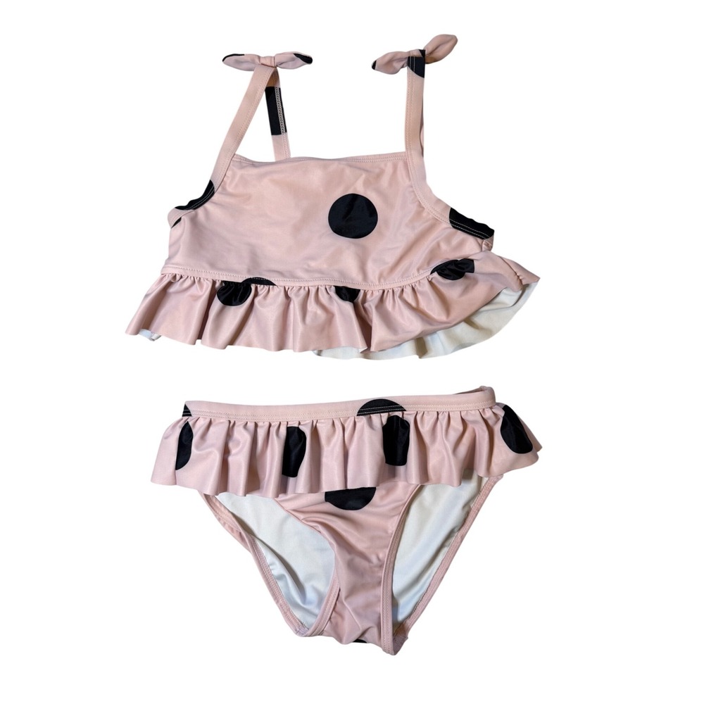 Tucker + Tate Girls Pink Black Polka Dot Ruffle 2PC Swimsuit Bikini Size 7 0191